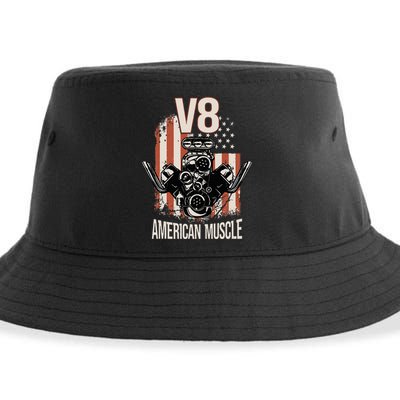 V8 American Muscle Car Usa Flag Engine V8 Sustainable Bucket Hat