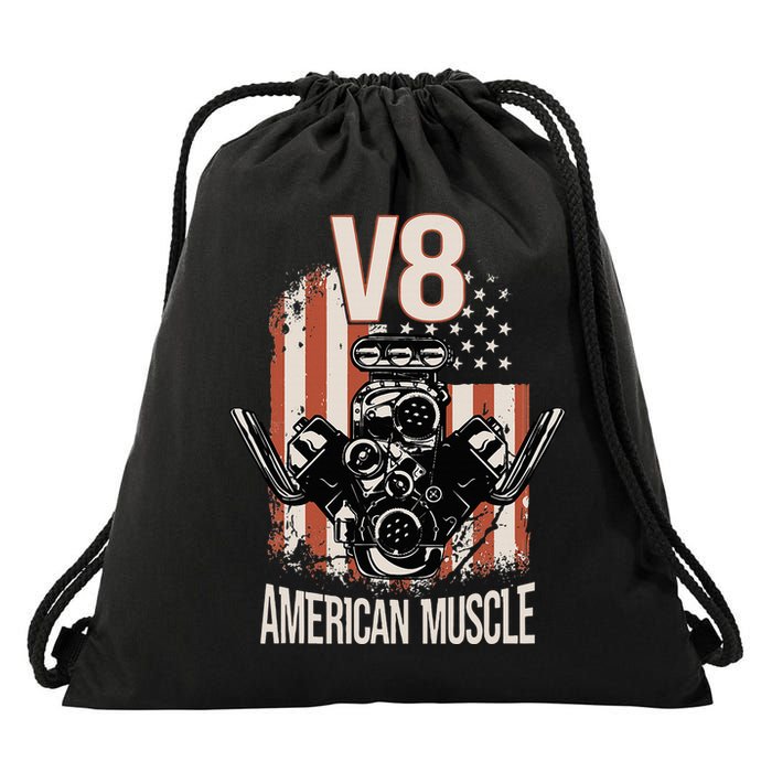 V8 American Muscle Car Usa Flag Engine V8 Drawstring Bag