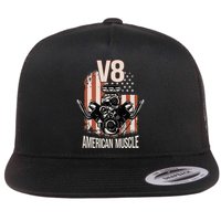 V8 American Muscle Car Usa Flag Engine V8 Flat Bill Trucker Hat