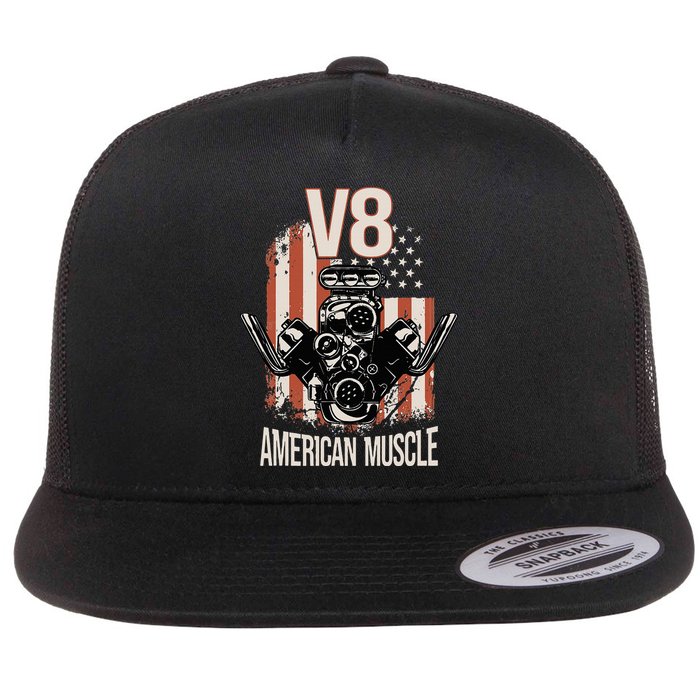 V8 American Muscle Car Usa Flag Engine V8 Flat Bill Trucker Hat
