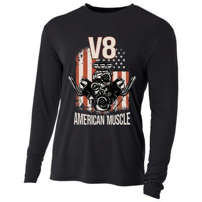 V8 American Muscle Car Usa Flag Engine V8 Cooling Performance Long Sleeve Crew