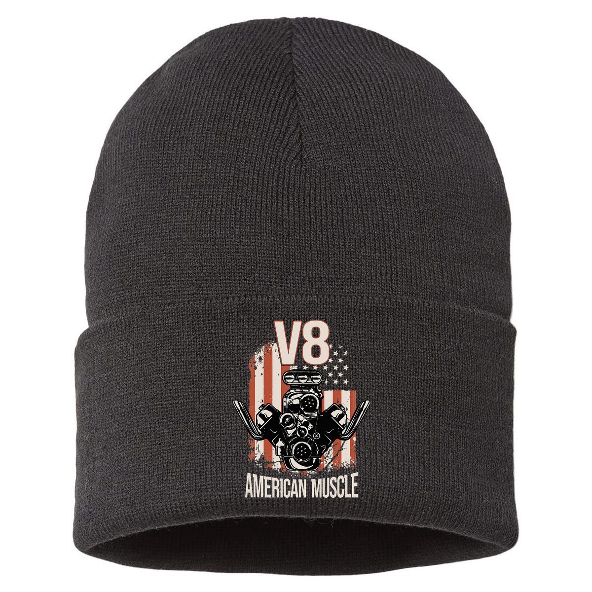 V8 American Muscle Car Usa Flag Engine V8 Sustainable Knit Beanie