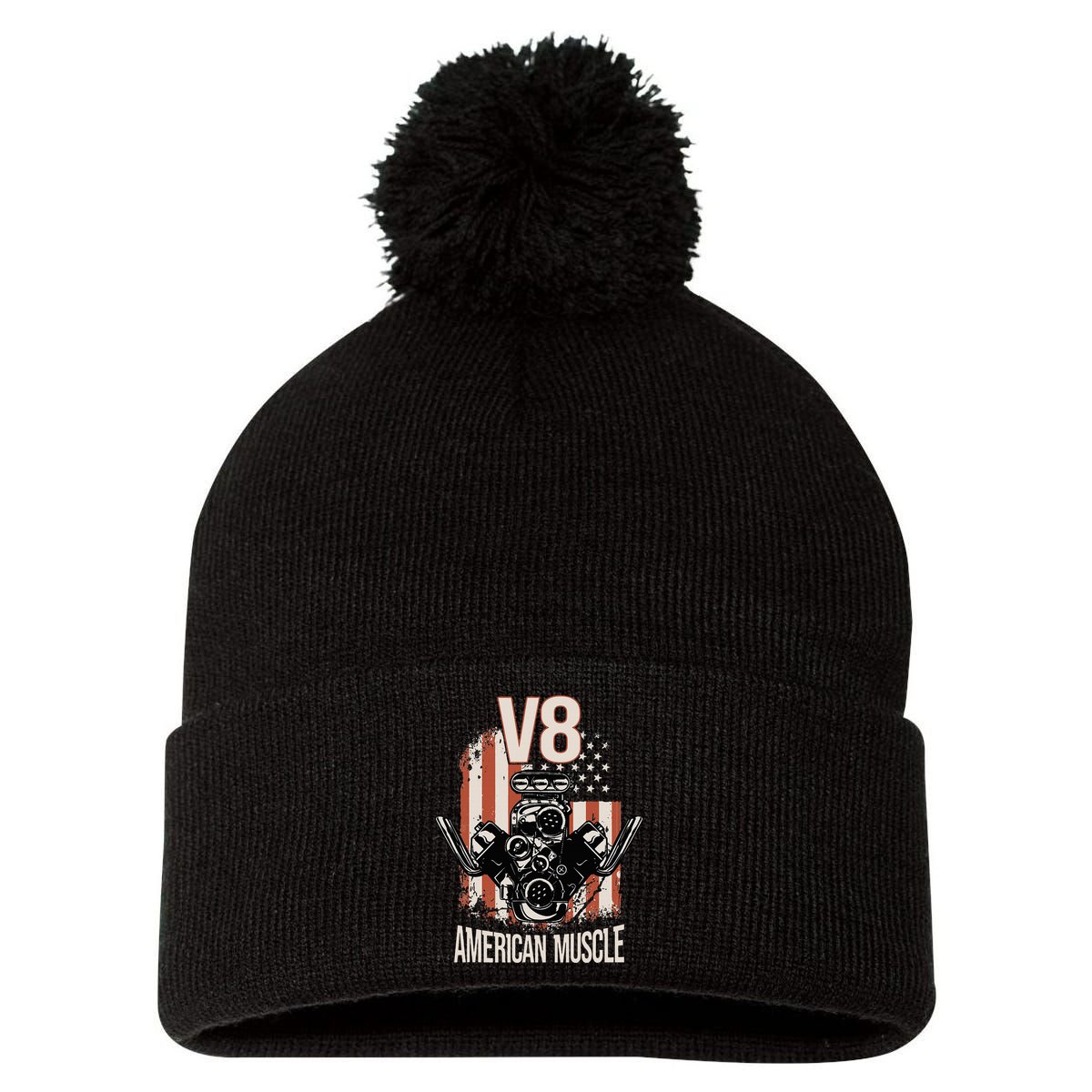 V8 American Muscle Car Usa Flag Engine V8 Pom Pom 12in Knit Beanie