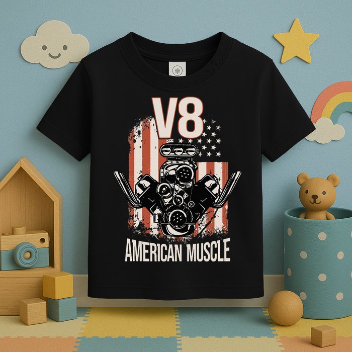 V8 American Muscle Car Usa Flag Engine V8 Toddler T-Shirt
