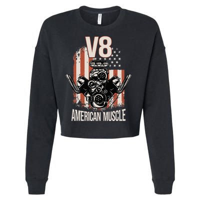 V8 American Muscle Car Usa Flag Engine V8 Cropped Pullover Crew