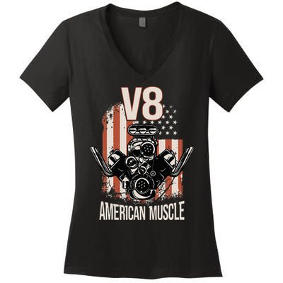 V8 American Muscle Car Usa Flag Engine V8 Women's V-Neck T-Shirt