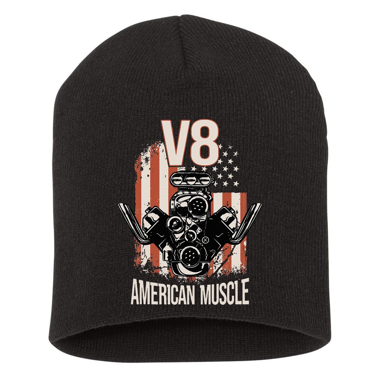 V8 American Muscle Car Usa Flag Engine V8 Short Acrylic Beanie