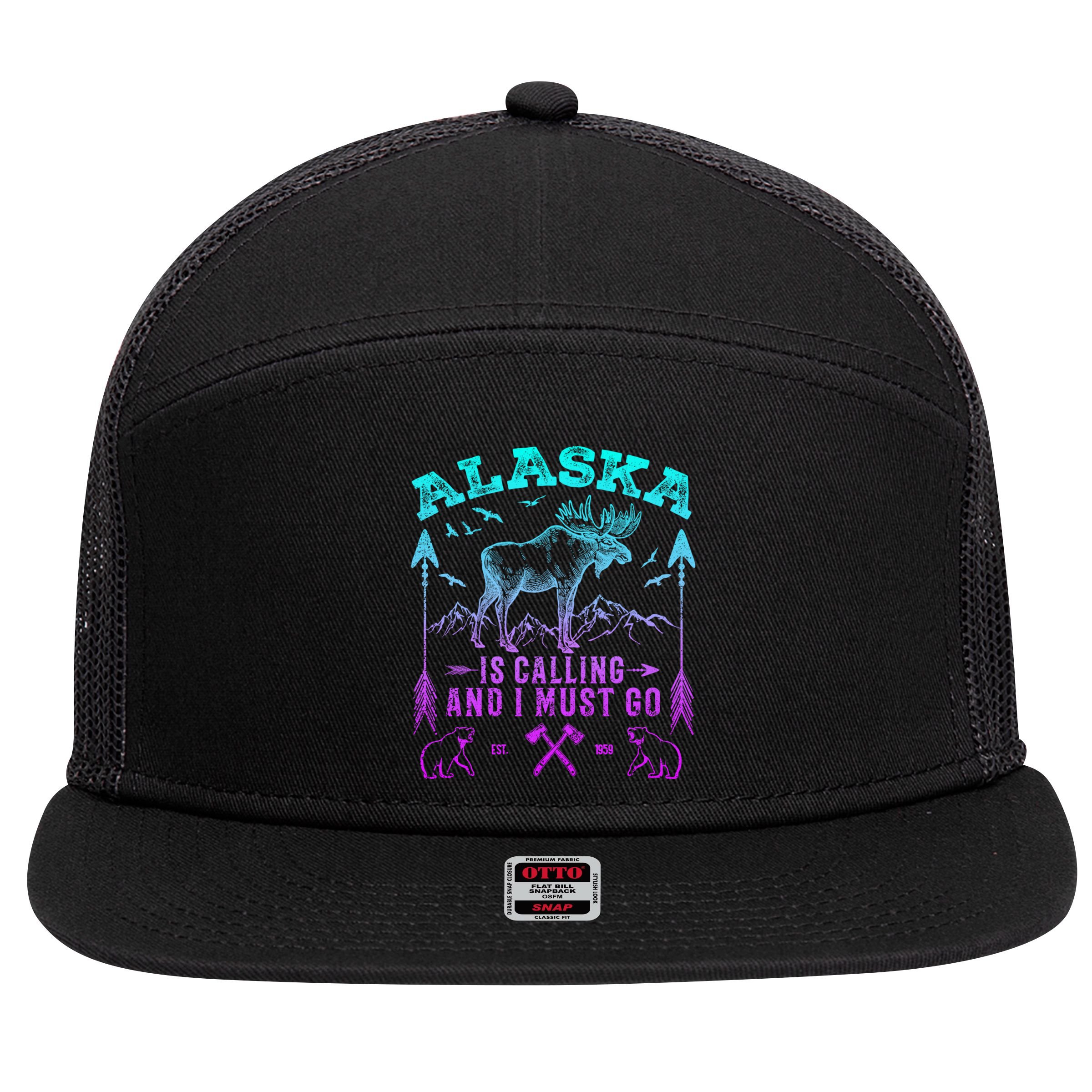 Vintage Alaskan Moose Alaska Is Calling And I Must Go Cool Gift 7 Panel Mesh Trucker Snapback Hat