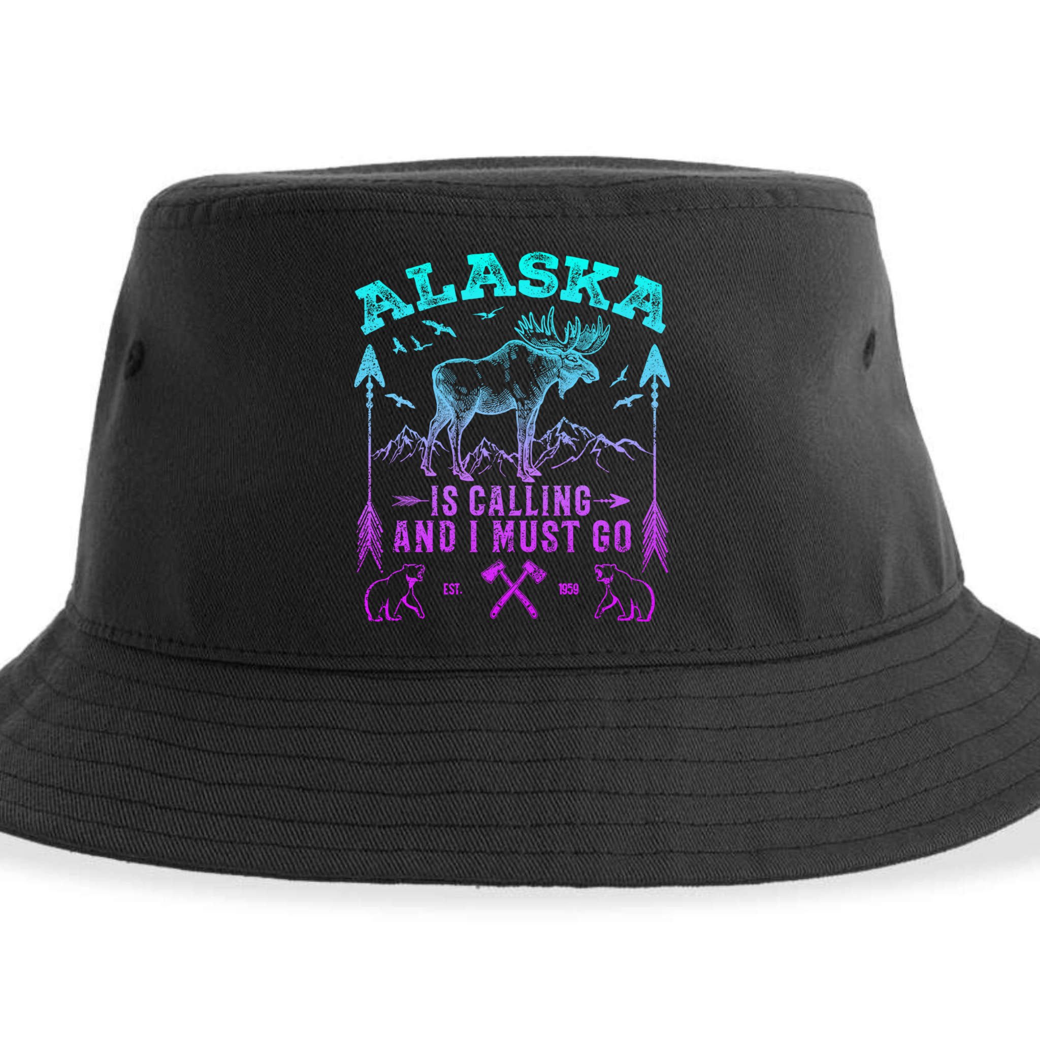 Vintage Alaskan Moose Alaska Is Calling And I Must Go Cool Gift Sustainable Bucket Hat