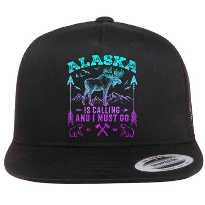 Vintage Alaskan Moose Alaska Is Calling And I Must Go Cool Gift Flat Bill Trucker Hat