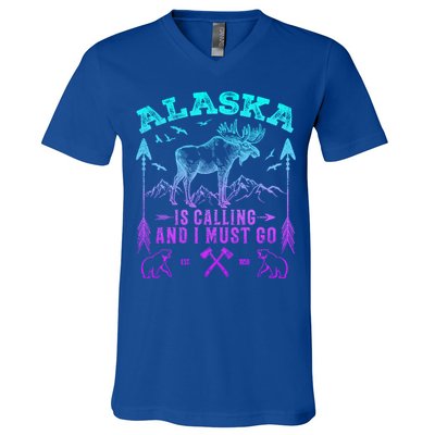 Vintage Alaskan Moose Alaska Is Calling And I Must Go Cool Gift V-Neck T-Shirt