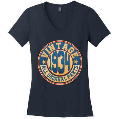 Vintage All Original Parts Emblem Shield 1934 90th Birthday Women's V-Neck T-Shirt