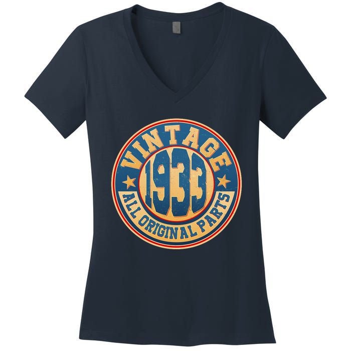 Vintage All Original Parts Emblem Shield 1933 90th Birthday Women's V-Neck T-Shirt