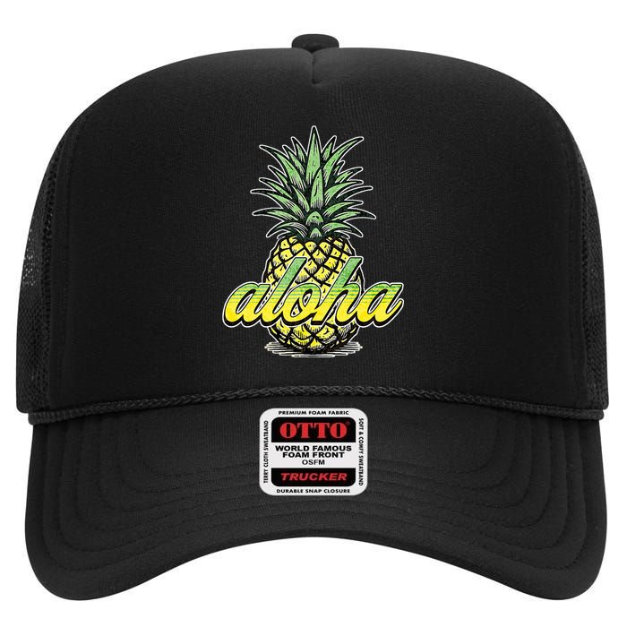 Vintage Aloha Pineapple Illustration High Crown Mesh Back Trucker Hat