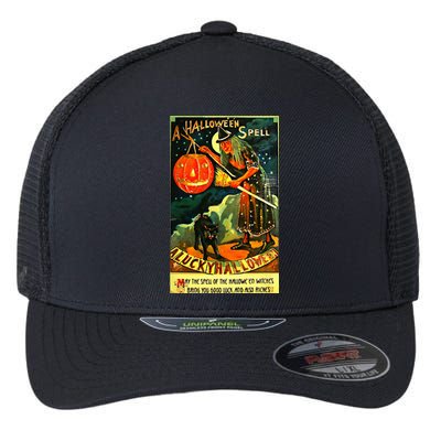 Vintage Art Retro Halloween Witch Flexfit Unipanel Trucker Cap