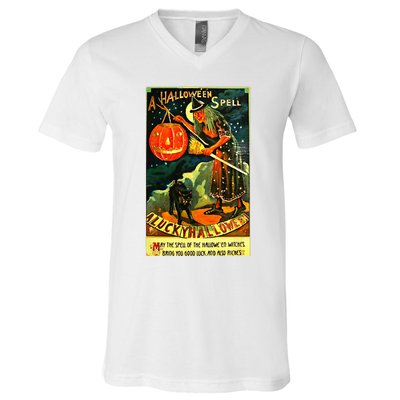 Vintage Art Retro Halloween Witch V-Neck T-Shirt