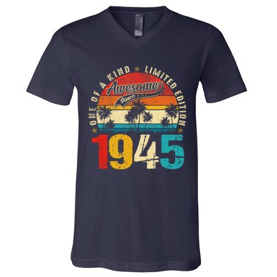 Vintage Awesome Since 1945 80th Birthday 80 Years Old V-Neck T-Shirt