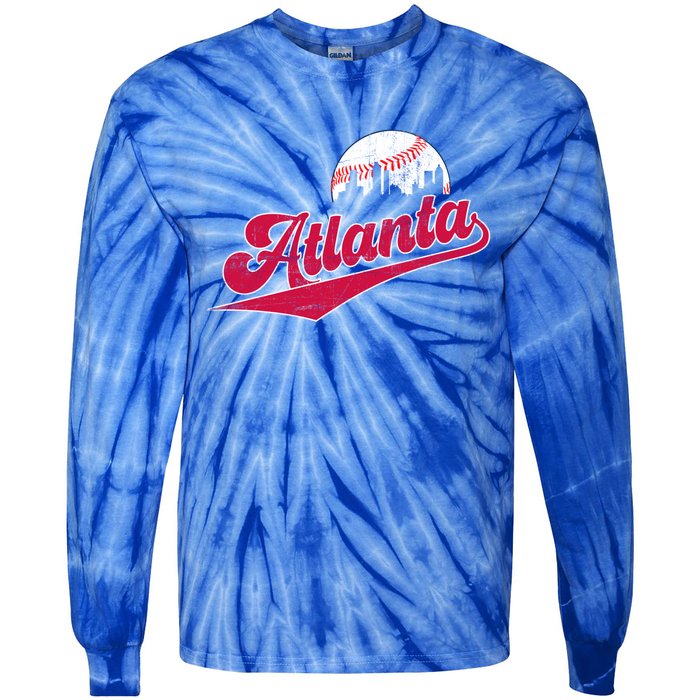 Vintage Atlanta Skyline Retro Game Day Baseball Gift Tie-Dye Long Sleeve Shirt