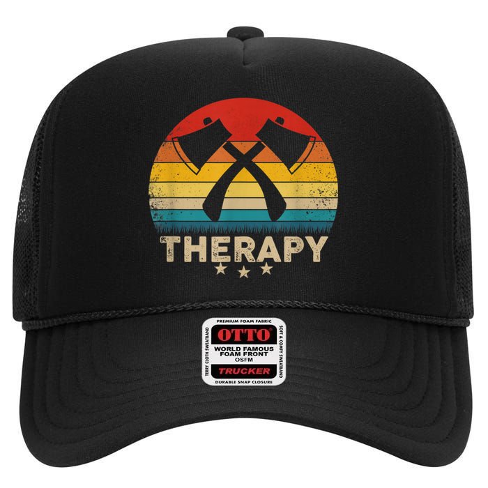 Vintage Axe Throwing Therapy Silhouette Retro Sunset High Crown Mesh Back Trucker Hat