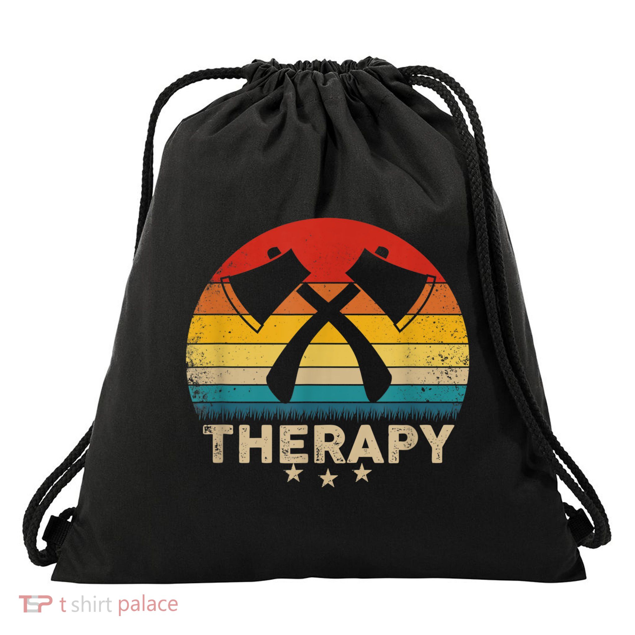 Vintage Axe Throwing Therapy Silhouette Retro Sunset Drawstring Bag