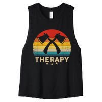 Vintage Axe Throwing Therapy Silhouette Retro Sunset Women's Racerback Cropped Tank