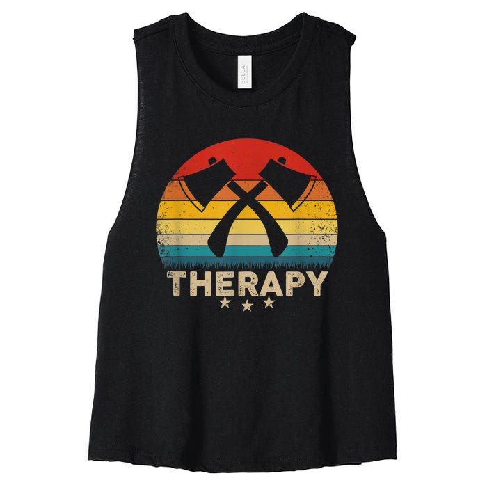 Vintage Axe Throwing Therapy Silhouette Retro Sunset Women's Racerback Cropped Tank