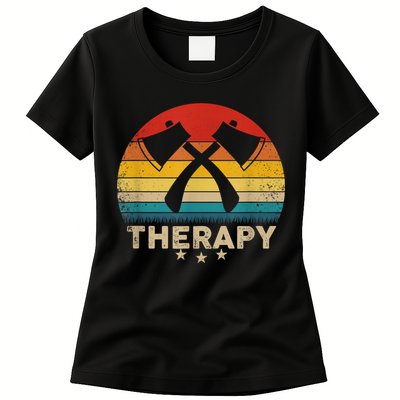 Vintage Axe Throwing Therapy Silhouette Retro Sunset Womens T-Shirt