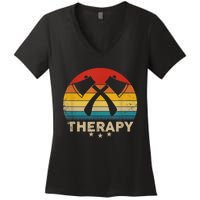 Vintage Axe Throwing Therapy Silhouette Retro Sunset Women's V-Neck T-Shirt