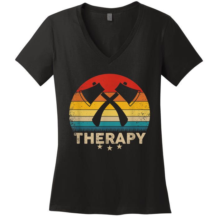 Vintage Axe Throwing Therapy Silhouette Retro Sunset Women's V-Neck T-Shirt