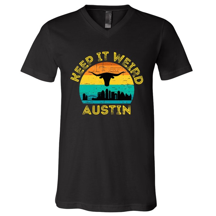 Vintage Austin Texas Keep It Weird Sunset V-Neck T-Shirt