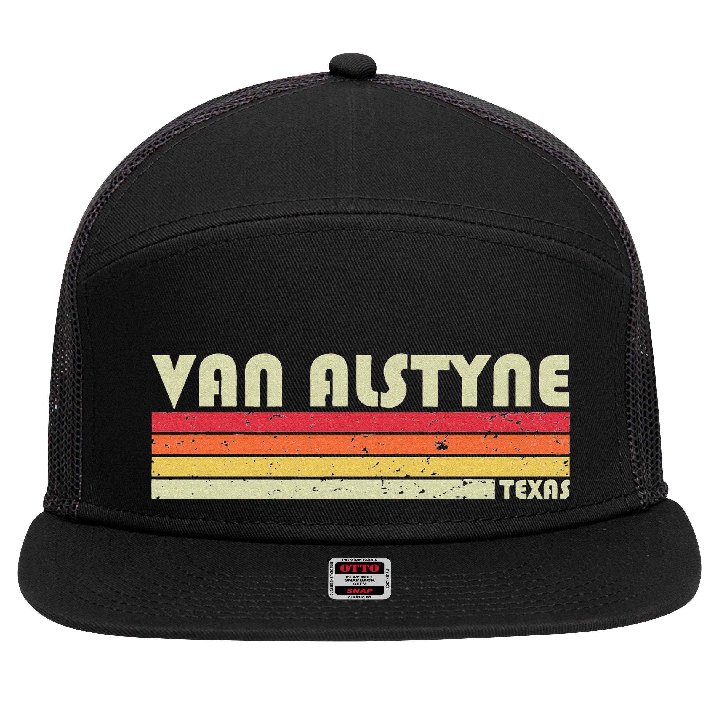 Van Alstyne Tx Texas Funny City Home Root Gift Retro 70s 80s 7 Panel Mesh Trucker Snapback Hat