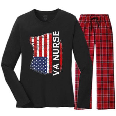 Veteran American Usa Flag Va Nurse Women's Long Sleeve Flannel Pajama Set 