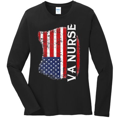 Veteran American Usa Flag Va Nurse Ladies Long Sleeve Shirt