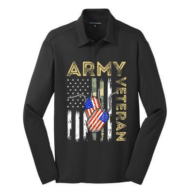 Vintage Army Veteran Day American Flag Silk Touch Performance Long Sleeve Polo