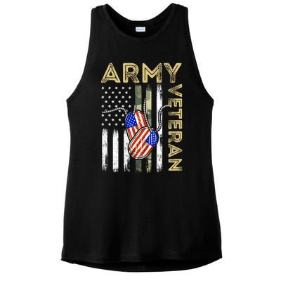 Vintage Army Veteran Day American Flag Ladies PosiCharge Tri-Blend Wicking Tank