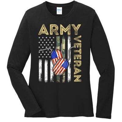 Vintage Army Veteran Day American Flag Ladies Long Sleeve Shirt