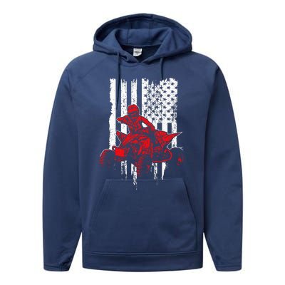 Vintage AllTerrain Vehicles Four Wheeler ATV American Flag Performance Fleece Hoodie