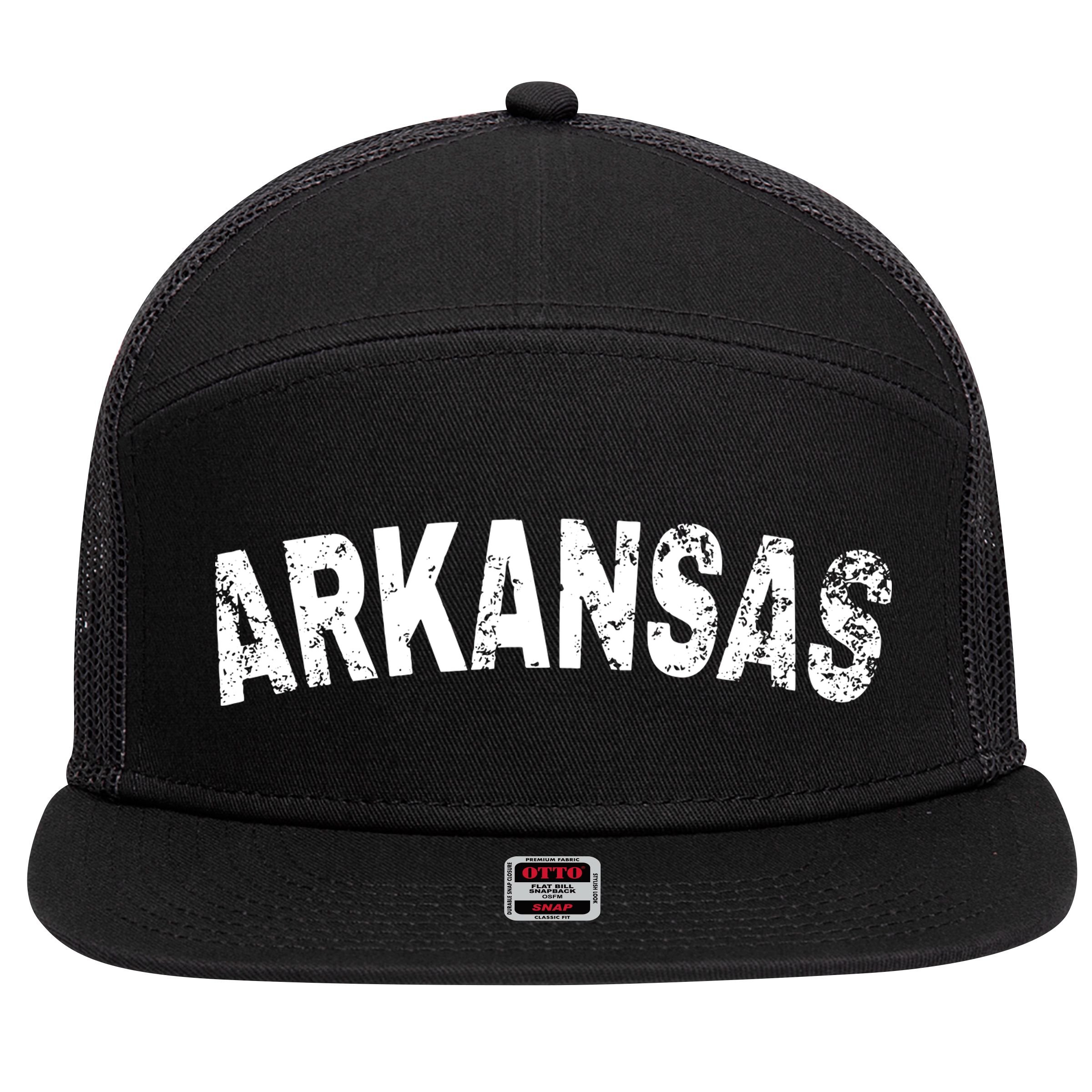 Vintage Arkansas White Text 7 Panel Mesh Trucker Snapback Hat