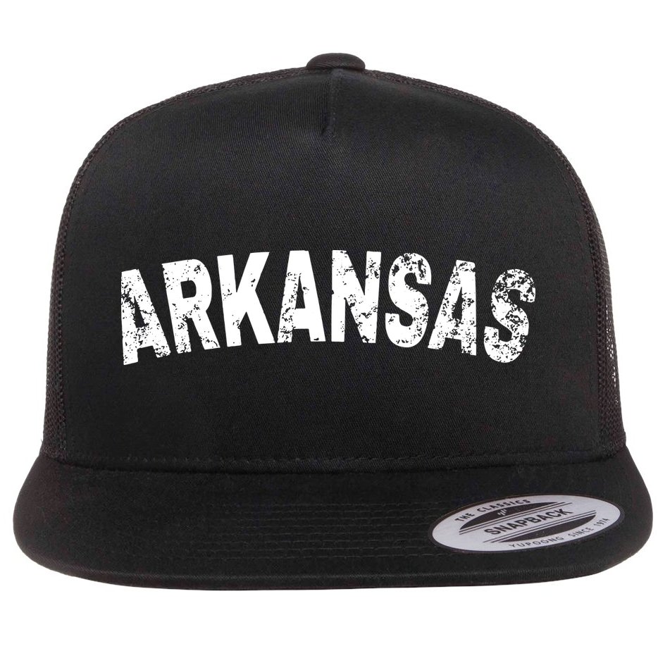 Vintage Arkansas White Text Flat Bill Trucker Hat