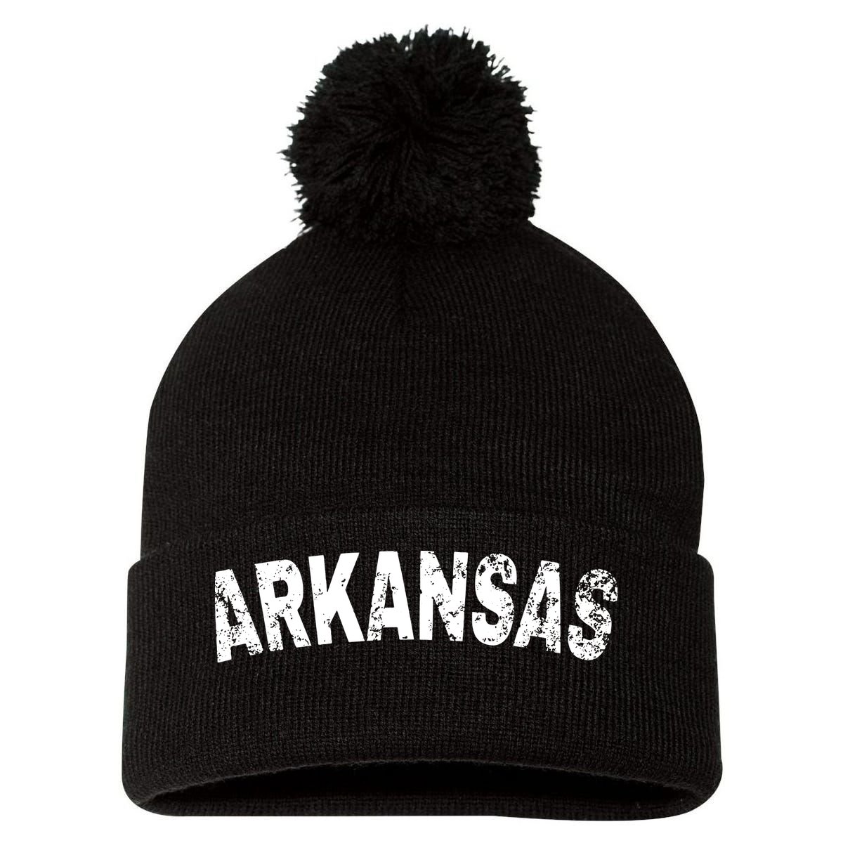 Vintage Arkansas White Text Pom Pom 12in Knit Beanie