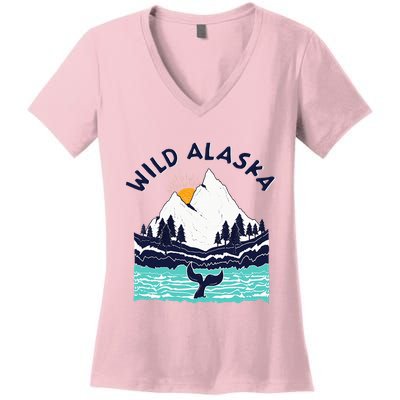 Vintage Alaska Wild Landscape Humpback Whale Women's V-Neck T-Shirt