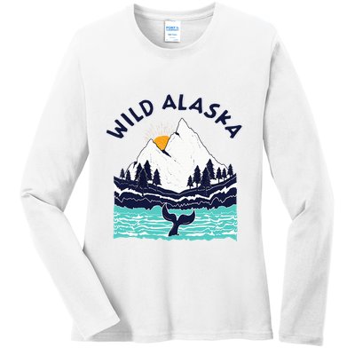 Vintage Alaska Wild Landscape Humpback Whale Ladies Long Sleeve Shirt