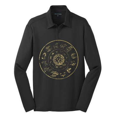 Vintage Astrology Zodiac Wheel Star Sign Silk Touch Performance Long Sleeve Polo