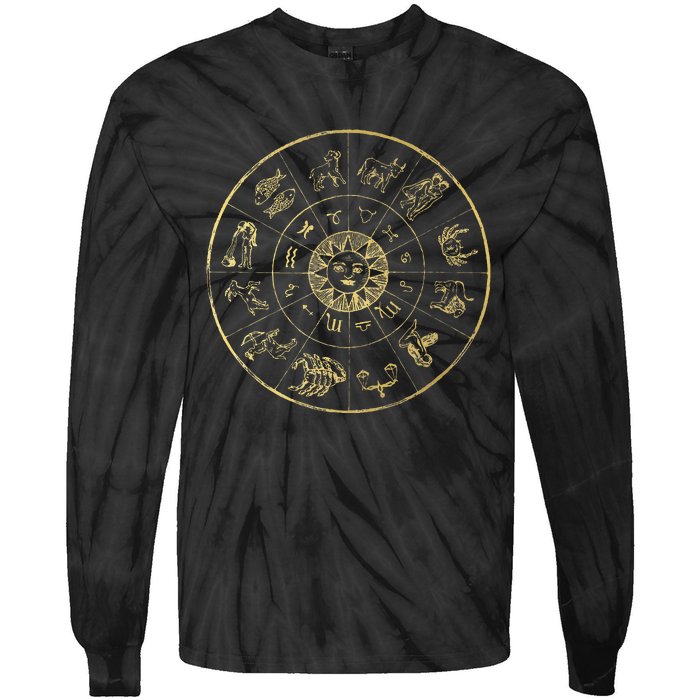 Vintage Astrology Zodiac Wheel Star Sign Tie-Dye Long Sleeve Shirt