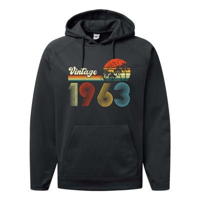 Vintage Birthday 1963 Retro Sunset Mom dad Gift 60th Birthday Performance Fleece Hoodie