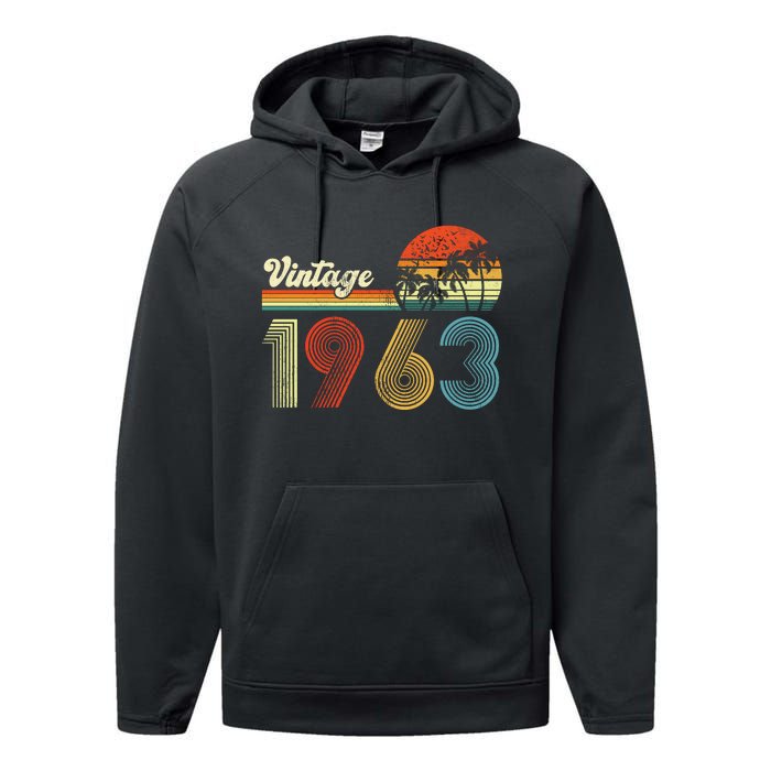 Vintage Birthday 1963 Retro Sunset Mom dad Gift 60th Birthday Performance Fleece Hoodie