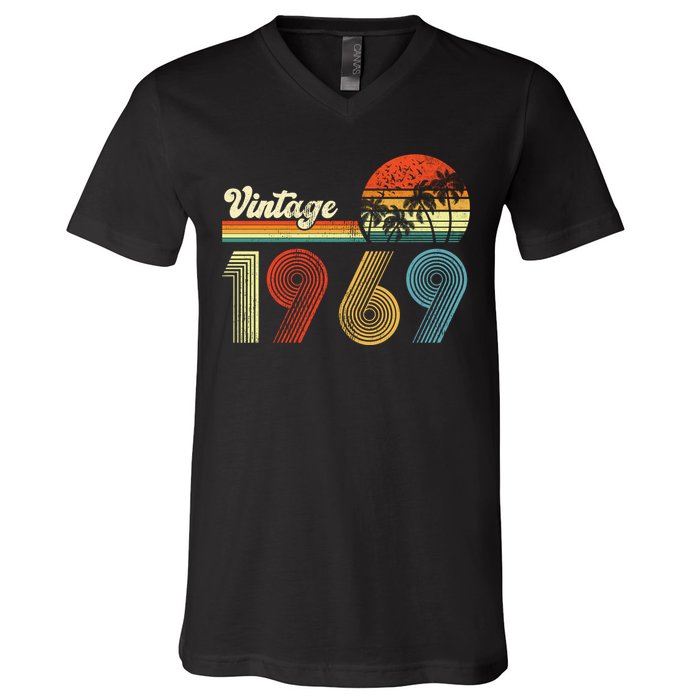 Vintage Birthday 1969 Retro Sunset Mom dad Gift 54th Birthday V-Neck T-Shirt