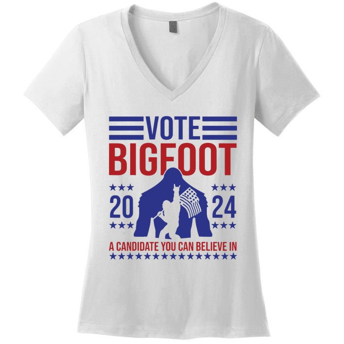 Vote Bigfoot 2024 A Candidate You Can Believe In Women's V-Neck T-Shirt