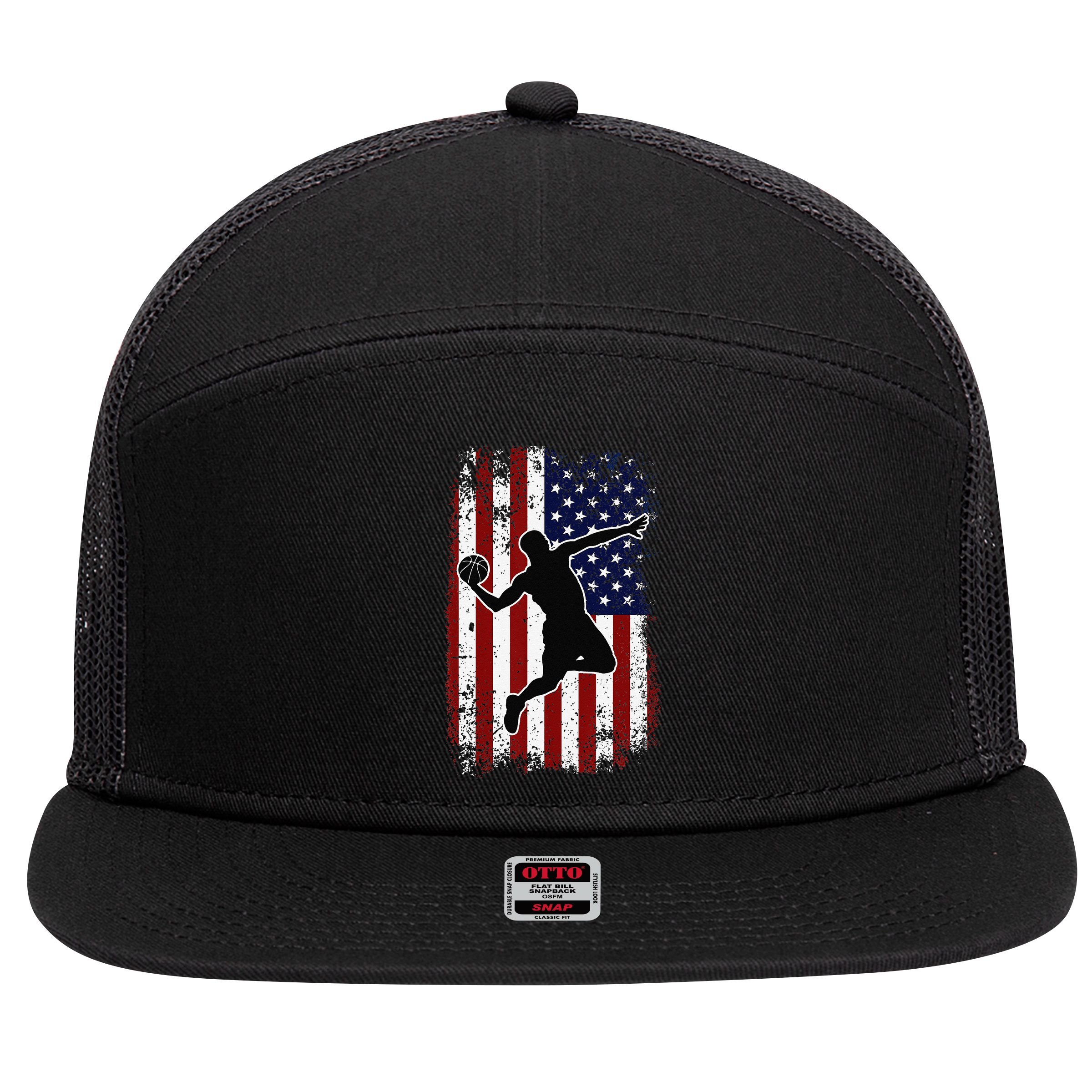 Vintage Basketball 4th of July USA American Flag 7 Panel Mesh Trucker Snapback Hat