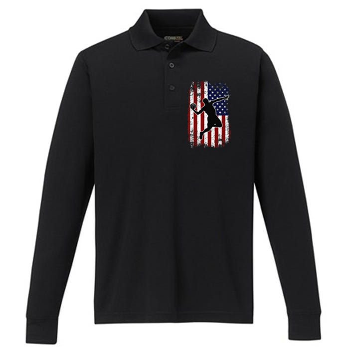 Vintage Basketball 4th of July USA American Flag Performance Long Sleeve Polo